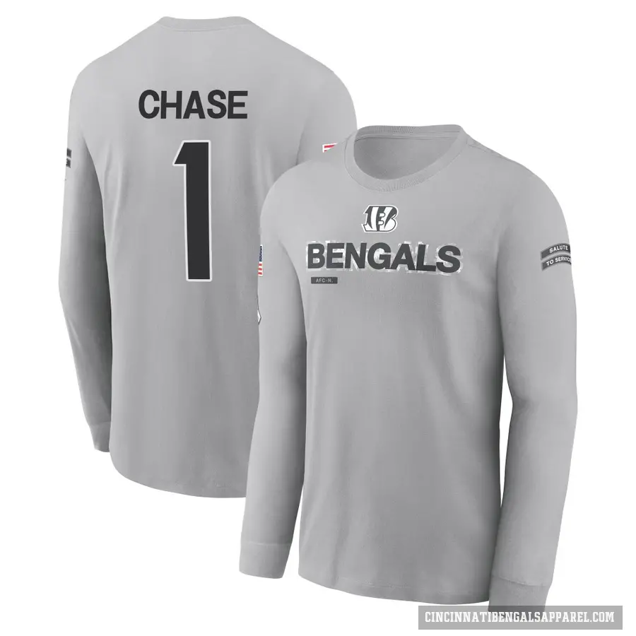 Men's ＃1 Ja'Marr Chase Cincinnati Bengals Gray 2024 Salute to Service Long Sleeve T-Shirt