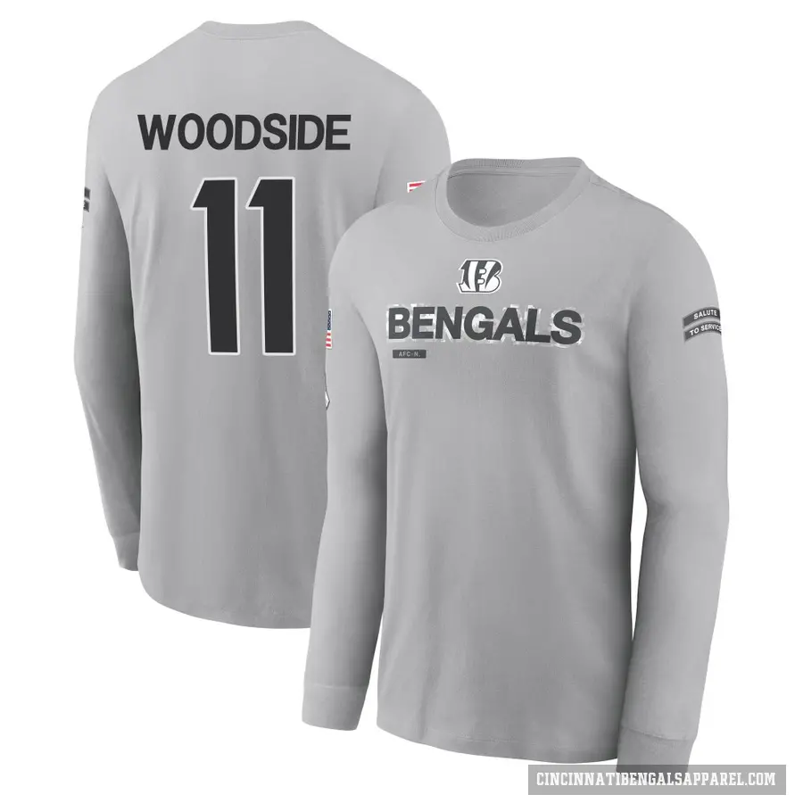 Men's ＃11 Logan Woodside Cincinnati Bengals Gray 2024 Salute to Service Long Sleeve T-Shirt