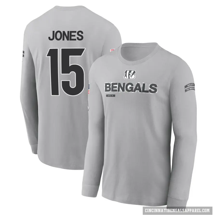 Men's ＃15 Charlie Jones Cincinnati Bengals Gray 2024 Salute to Service Long Sleeve T-Shirt