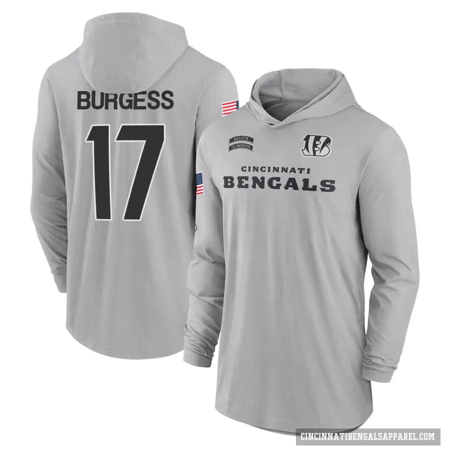 Men's ＃17 Cole Burgess Cincinnati Bengals Gray 2024 Salute to Service Lightweight Performance Long Sleeve Hooded T-Shirt