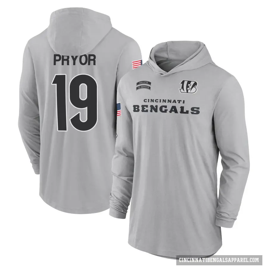 Men's ＃19 Kendric Pryor Cincinnati Bengals Gray 2024 Salute to Service Lightweight Performance Long Sleeve Hooded T-Shirt