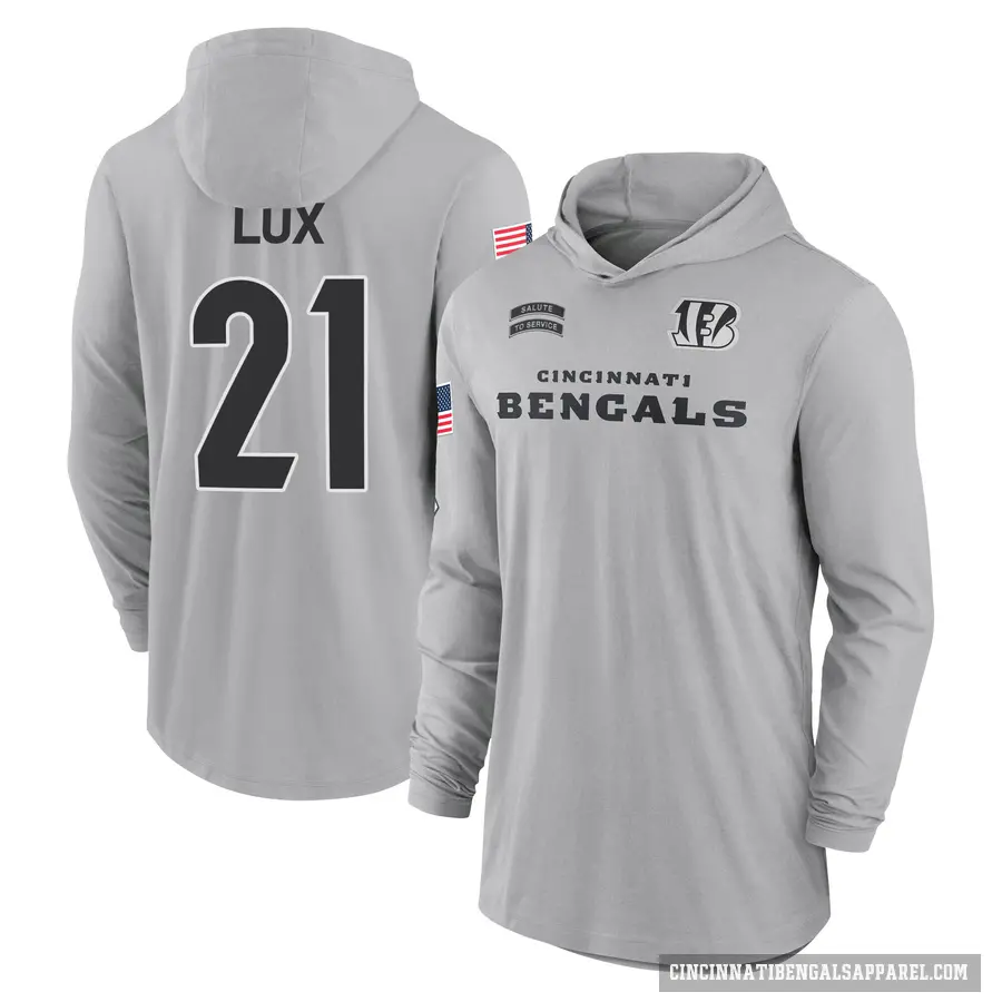 Men's ＃21 Bralyn Lux Cincinnati Bengals Gray 2024 Salute to Service Lightweight Performance Long Sleeve Hooded T-Shirt