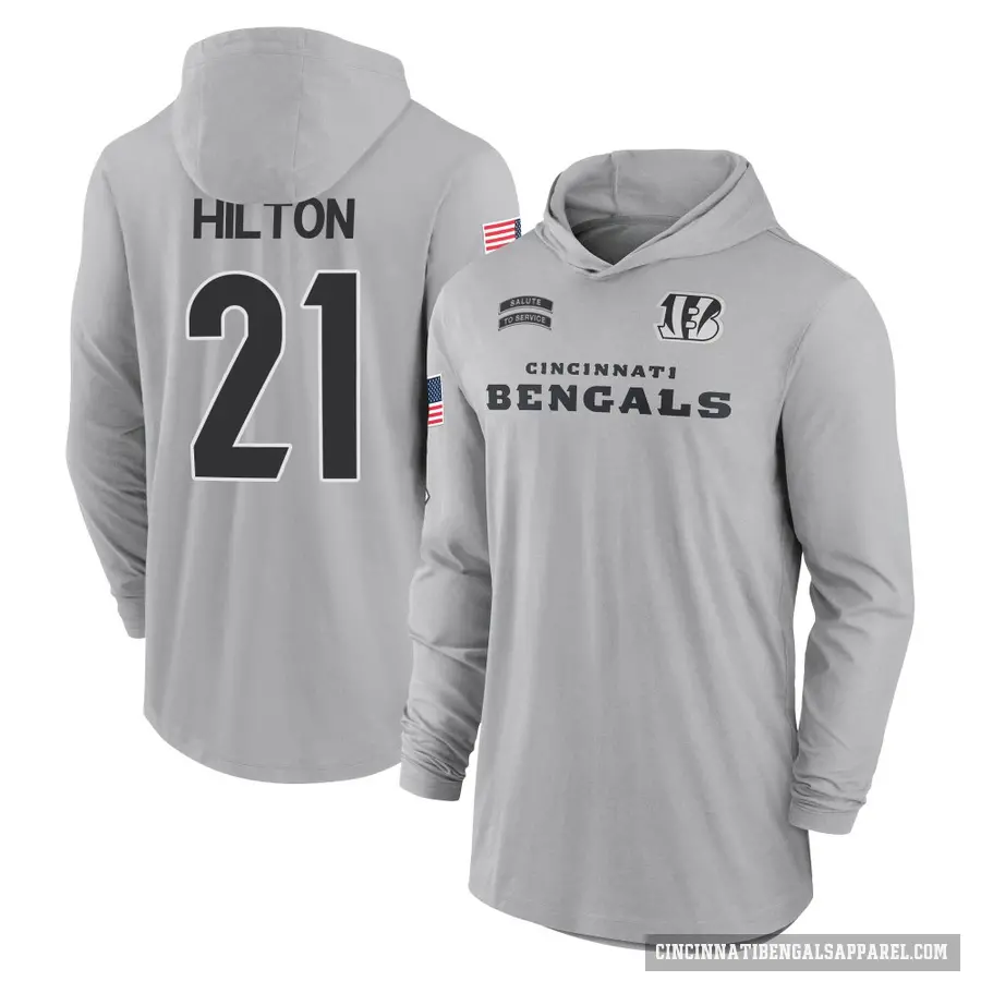 Men's ＃21 Mike Hilton Cincinnati Bengals Gray 2024 Salute to Service Lightweight Performance Long Sleeve Hooded T-Shirt