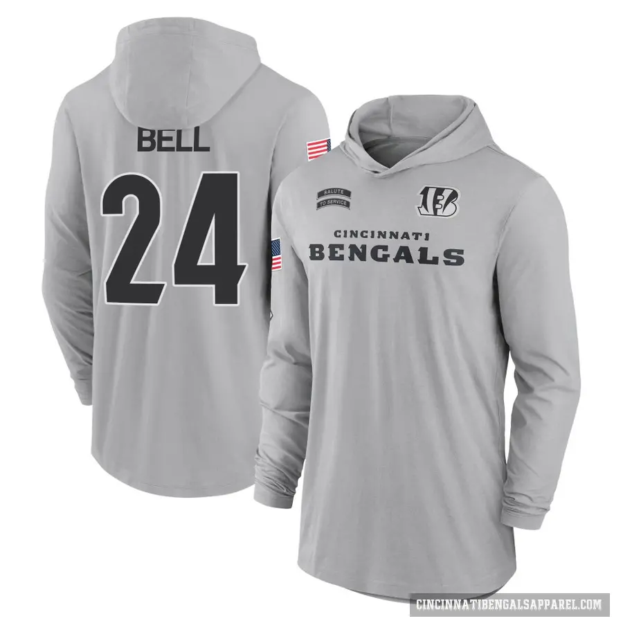 Men's ＃24 Vonn Bell Cincinnati Bengals Gray 2024 Salute to Service Lightweight Performance Long Sleeve Hooded T-Shirt