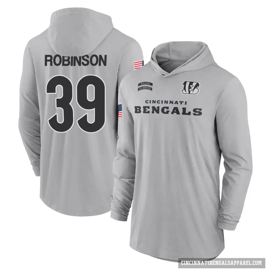 Men's ＃39 Lance Robinson Cincinnati Bengals Gray 2024 Salute to Service Lightweight Performance Long Sleeve Hooded T-Shirt
