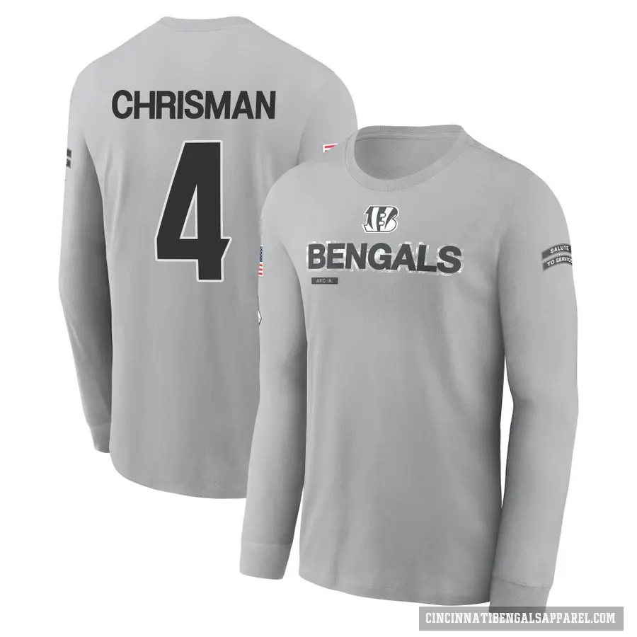 Men's ＃4 Drue Chrisman Cincinnati Bengals Gray 2024 Salute to Service Long Sleeve T-Shirt