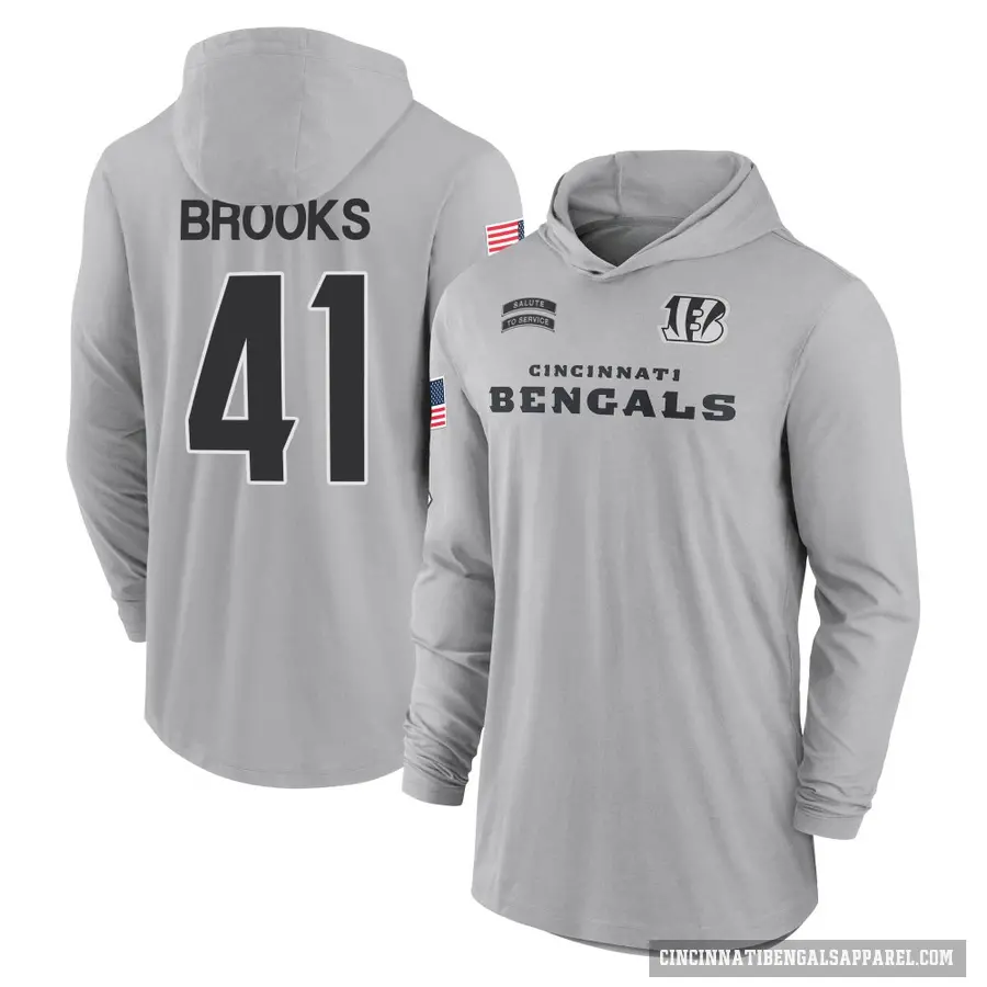 Men's ＃41 Nate Brooks Cincinnati Bengals Gray 2024 Salute to Service Lightweight Performance Long Sleeve Hooded T-Shirt