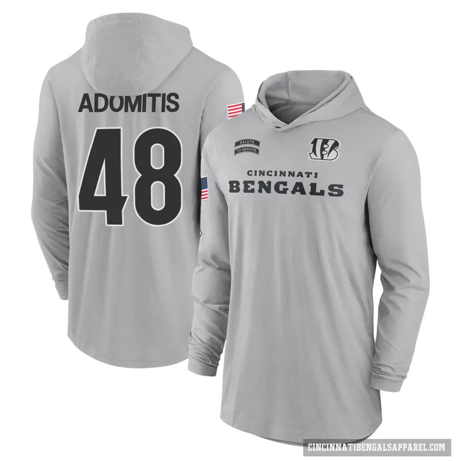 Men's ＃48 Cal Adomitis Cincinnati Bengals Gray 2024 Salute to Service Lightweight Performance Long Sleeve Hooded T-Shirt