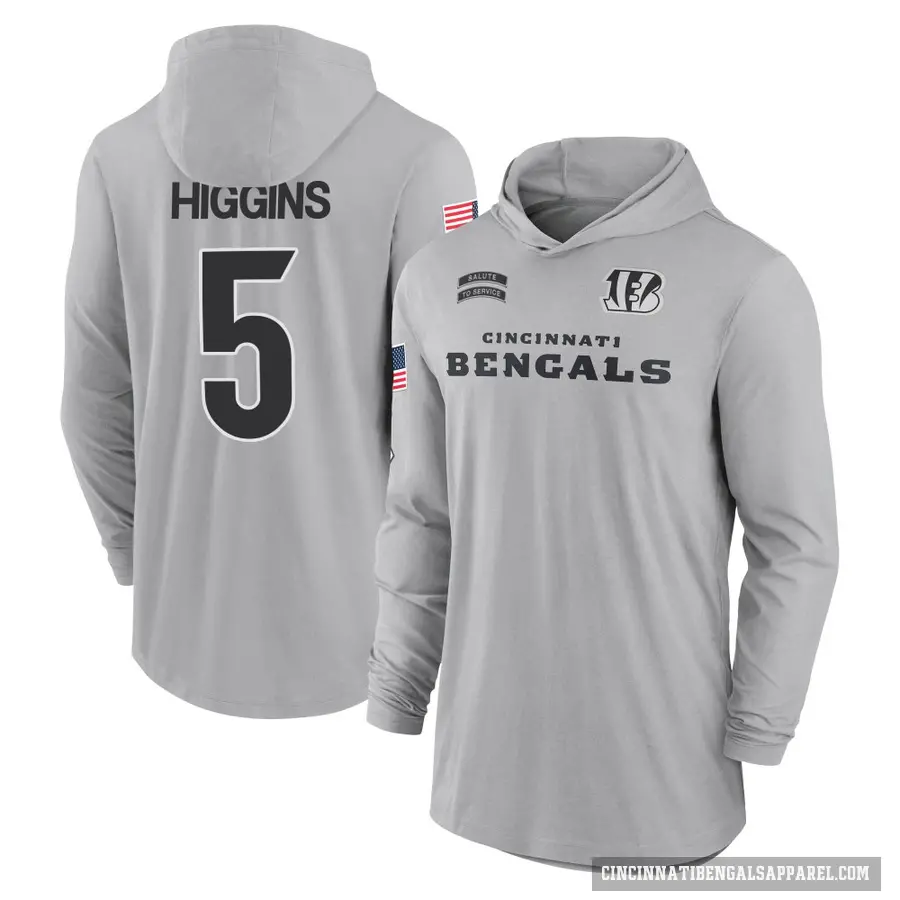 Men's ＃5 Tee Higgins Cincinnati Bengals Gray 2024 Salute to Service Lightweight Performance Long Sleeve Hooded T-Shirt