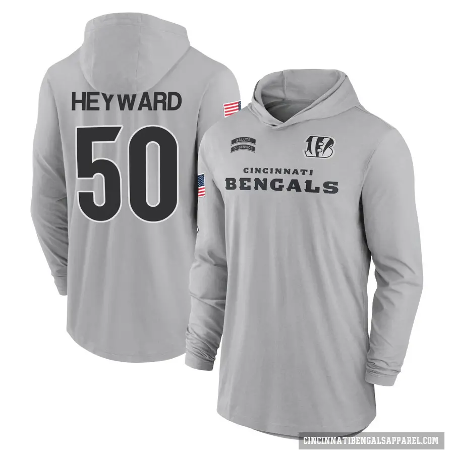 Men's ＃50 Shaka Heyward Cincinnati Bengals Gray 2024 Salute to Service Lightweight Performance Long Sleeve Hooded T-Shirt