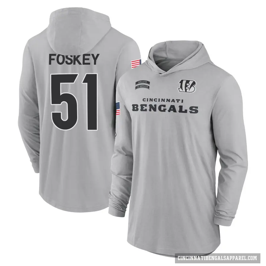 Men's ＃51 Isaiah Foskey Cincinnati Bengals Gray 2024 Salute to Service Lightweight Performance Long Sleeve Hooded T-Shirt