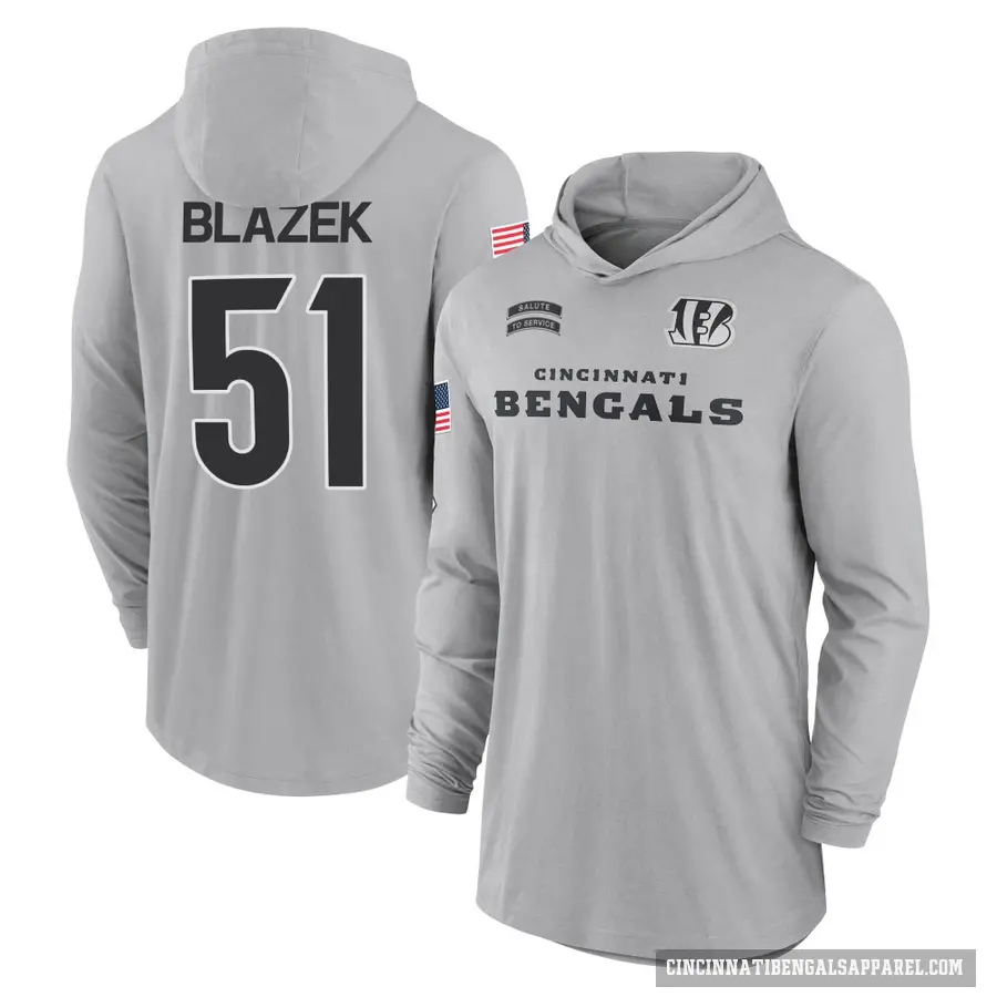 Men's ＃51 Justin Blazek Cincinnati Bengals Gray 2024 Salute to Service Lightweight Performance Long Sleeve Hooded T-Shirt