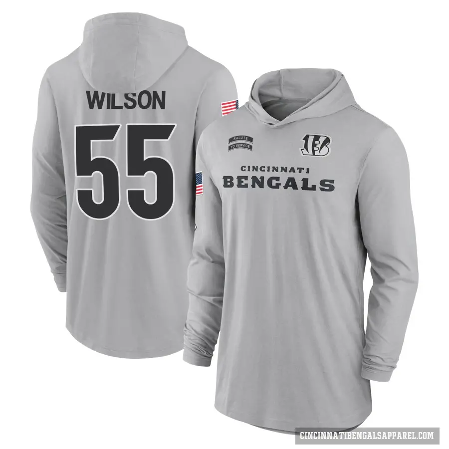 Men's ＃55 Logan Wilson Cincinnati Bengals Gray 2024 Salute to Service Lightweight Performance Long Sleeve Hooded T-Shirt