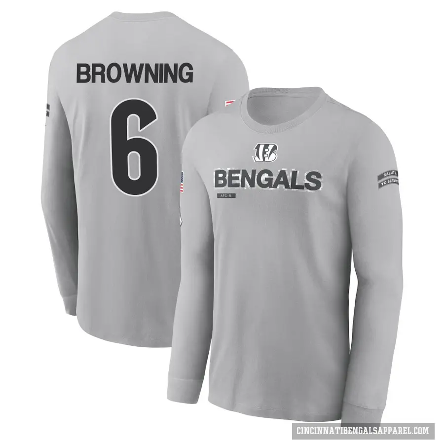 Men's ＃6 Jake Browning Cincinnati Bengals Brown Gray 2024 Salute to Service Long Sleeve T-Shirt