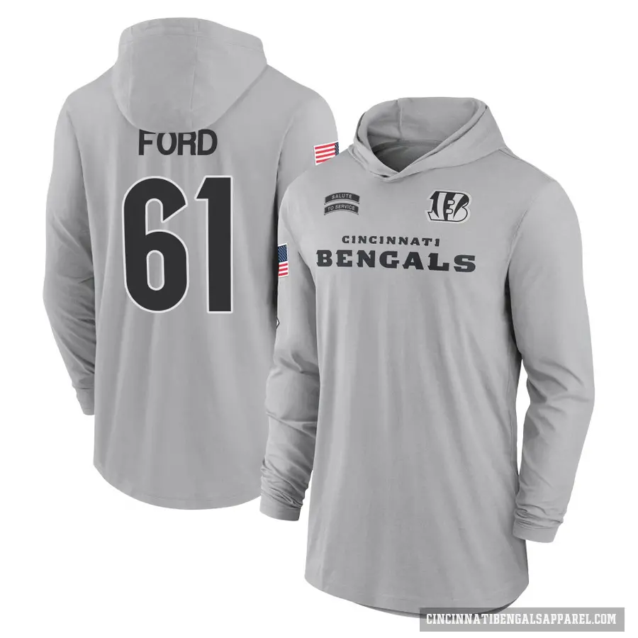 Men's ＃61 Cody Ford Cincinnati Bengals Gray 2024 Salute to Service Lightweight Performance Long Sleeve Hooded T-Shirt