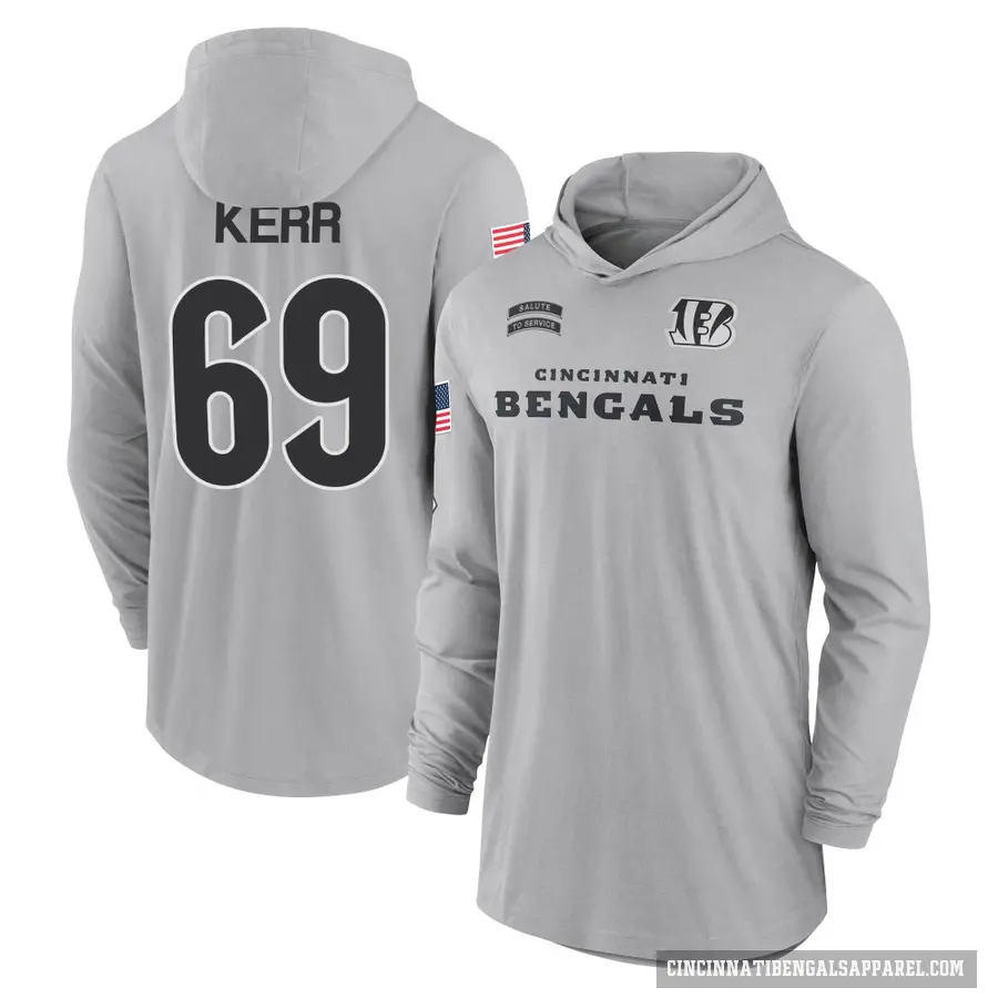 Men's ＃69 Zach Kerr Cincinnati Bengals Gray 2024 Salute to Service Lightweight Performance Long Sleeve Hooded T-Shirt