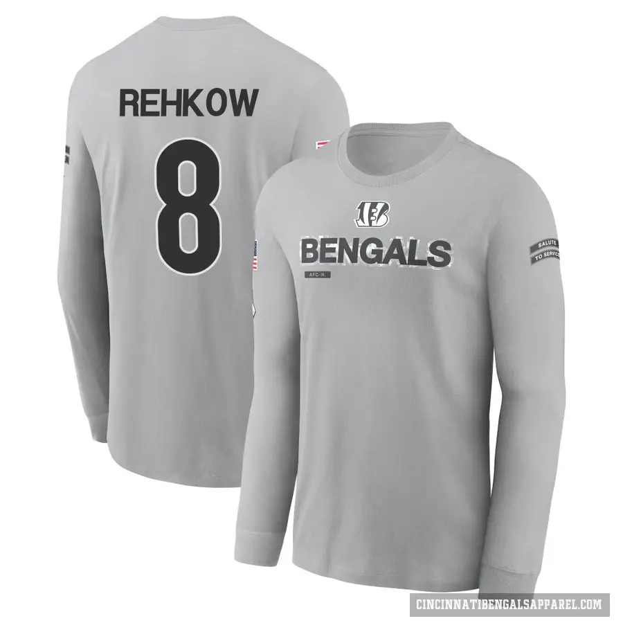 Men's ＃8 Ryan Rehkow Cincinnati Bengals Gray 2024 Salute to Service Long Sleeve T-Shirt