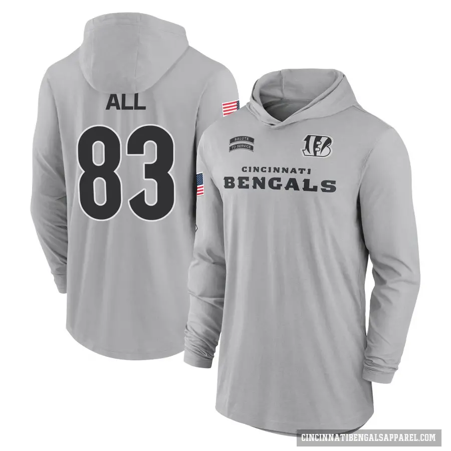 Men's ＃83 Erick All Jr. Cincinnati Bengals Gray 2024 Salute to Service Lightweight Performance Long Sleeve Hooded T-Shirt