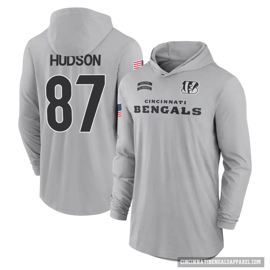 Men's ＃87 Tanner Hudson Cincinnati Bengals Gray 2024 Salute to Service Lightweight Performance Long Sleeve Hooded T-Shirt