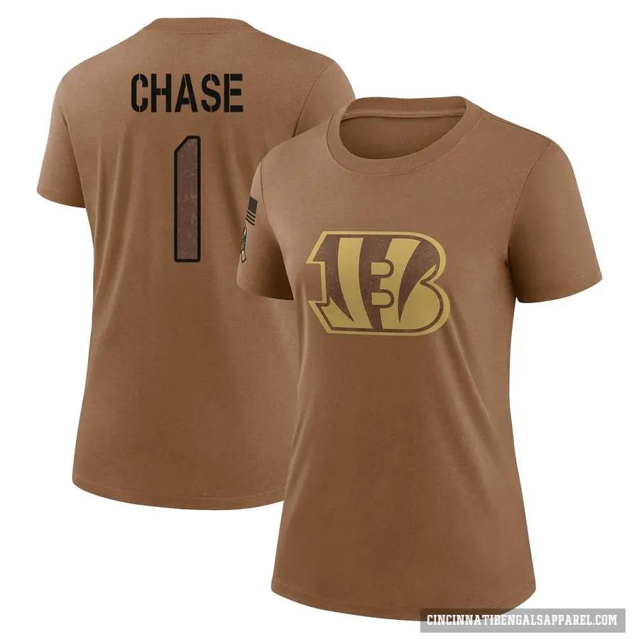 Women's ＃1 Ja'Marr Chase Cincinnati Bengals Brown 2023 Salute To Service Performance T-Shirt