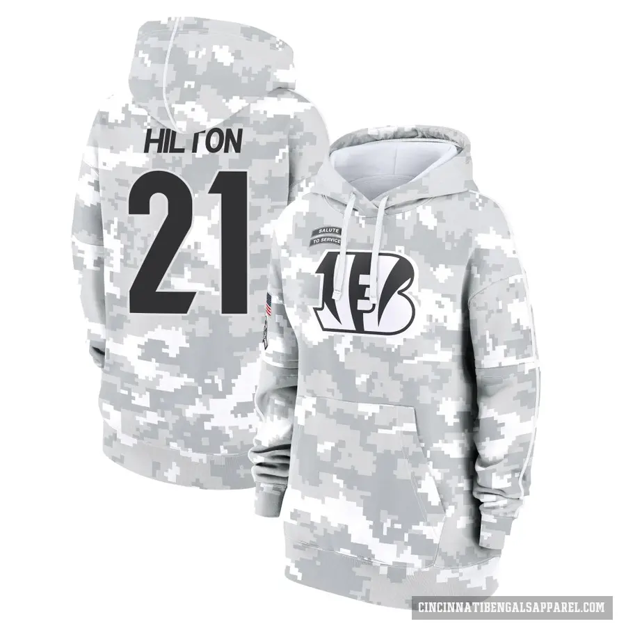 Women's ＃21 Mike Hilton Cincinnati Bengals Arctic Camo 2024 Salute to Service Club Fleece Pullover Hoodie