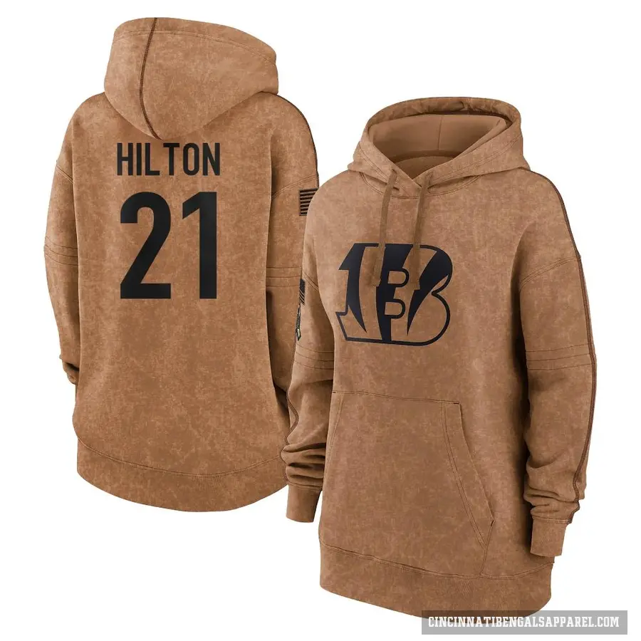 Women's ＃21 Mike Hilton Cincinnati Bengals Brown 2023 Salute To Service Pullover Hoodie