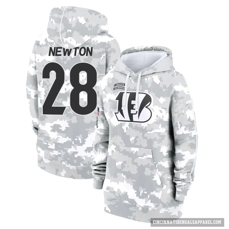 Women's ＃28 Josh Newton Cincinnati Bengals Arctic Camo 2024 Salute to Service Club Fleece Pullover Hoodie