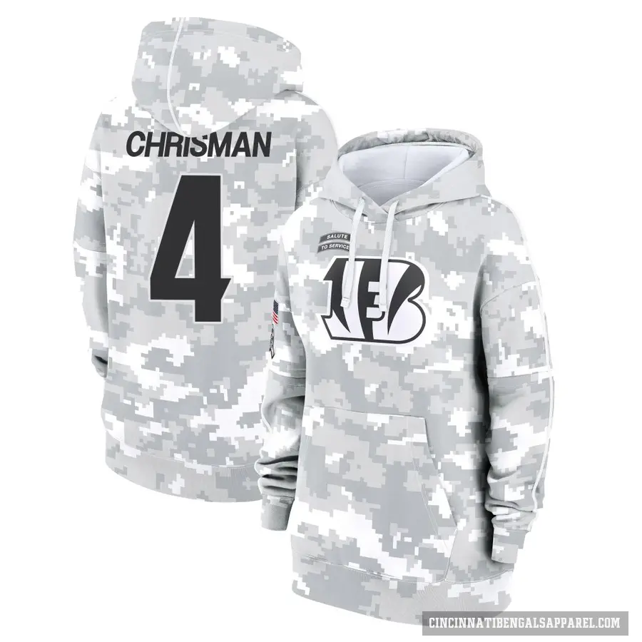 Women's ＃4 Drue Chrisman Cincinnati Bengals Arctic Camo 2024 Salute to Service Club Fleece Pullover Hoodie