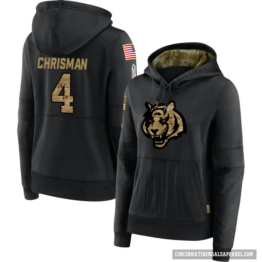 Women's ＃4 Drue Chrisman Cincinnati Bengals Black 2020 Salute to Service Sideline Performance Pullover Hoodie