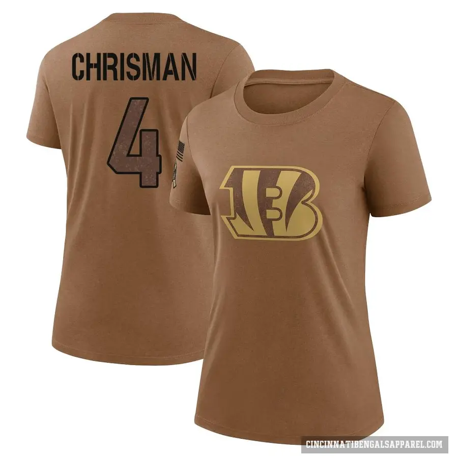Women's ＃4 Drue Chrisman Cincinnati Bengals Brown 2023 Salute To Service Performance T-Shirt
