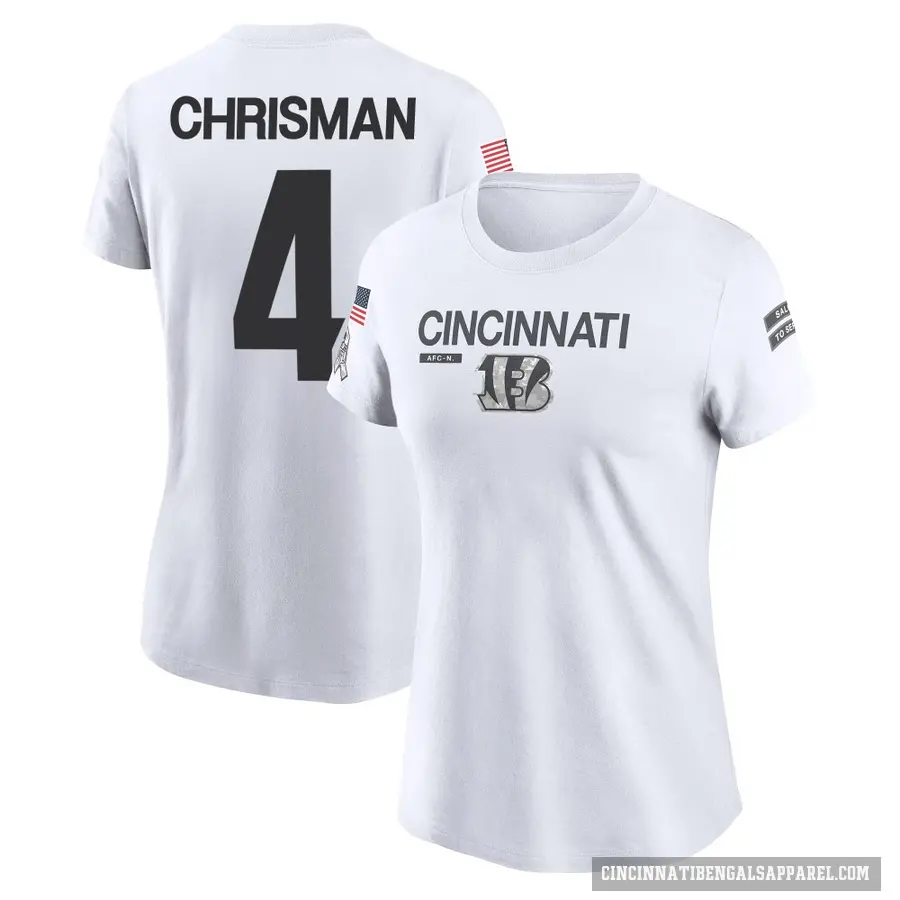 Women's ＃4 Drue Chrisman Cincinnati Bengals White 2024 Salute to Service Performance T-Shirt