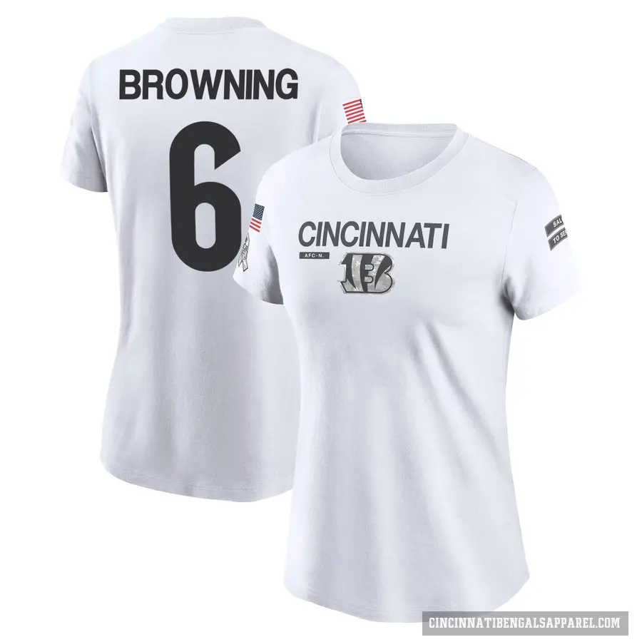Women's ＃6 Jake Browning Cincinnati Bengals White 2024 Salute to Service Performance T-Shirt