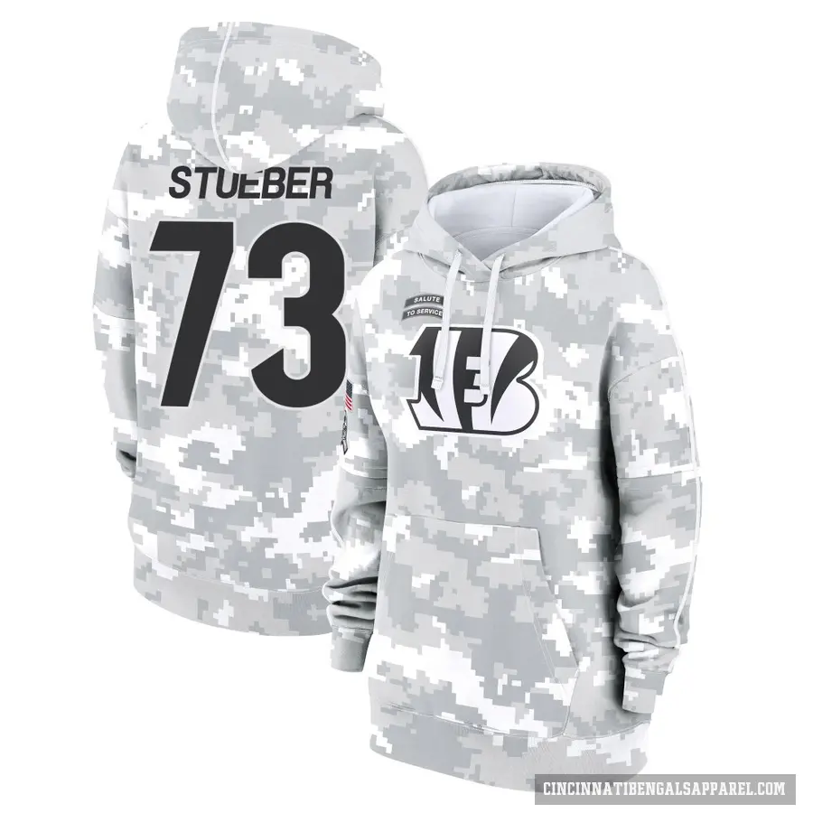 Women's ＃73 Andrew Stueber Cincinnati Bengals Arctic Camo 2024 Salute to Service Club Fleece Pullover Hoodie