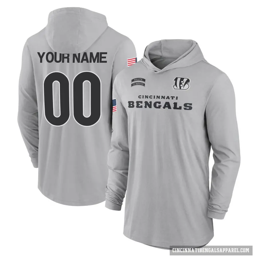Youth ＃00 Custom Cincinnati Bengals Gray 2024 Salute to Service Lightweight Performance Long Sleeve Hooded T-Shirt