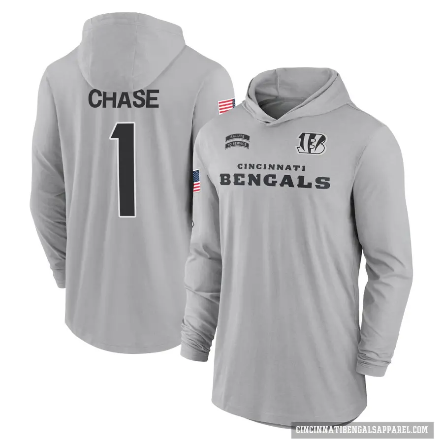 Youth ＃1 Ja'Marr Chase Cincinnati Bengals Gray 2024 Salute to Service Lightweight Performance Long Sleeve Hooded T-Shirt