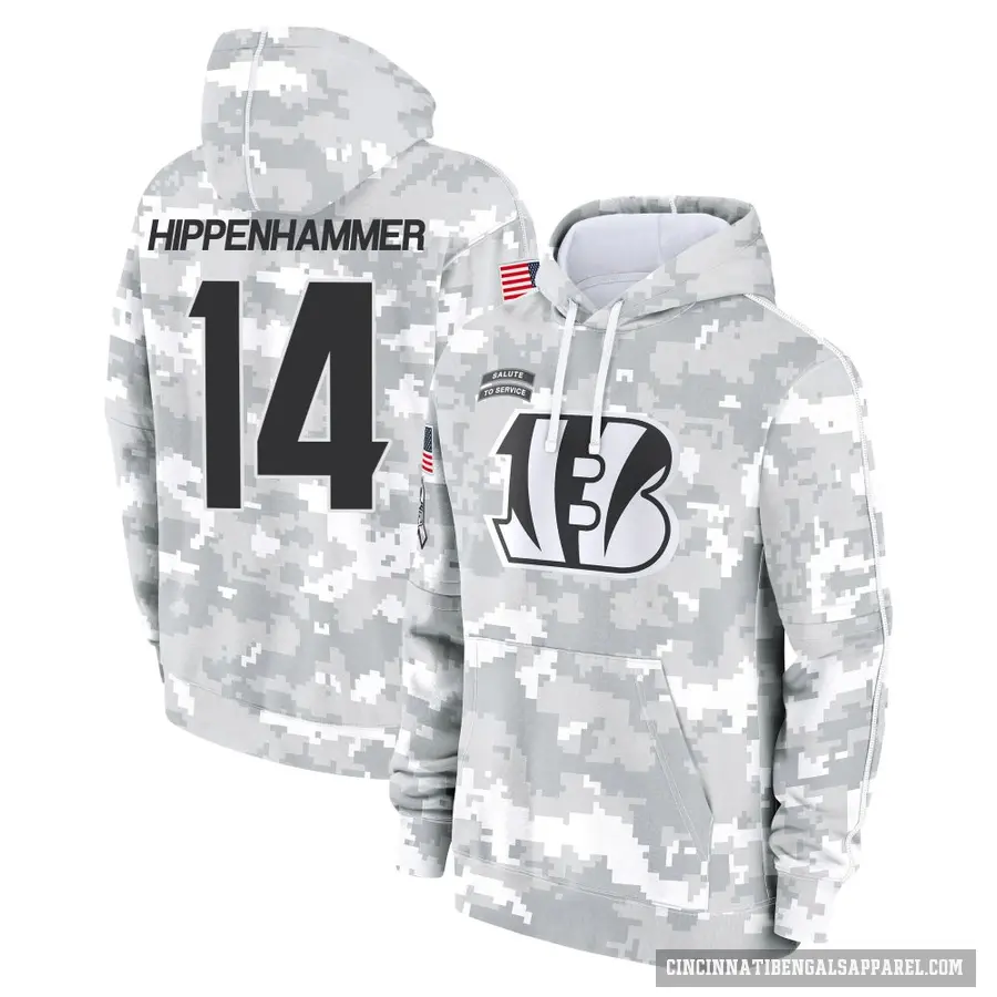 Youth ＃14 Mac Hippenhammer Cincinnati Bengals Arctic Camo 2024 Salute to Service Club Fleece Pullover Hoodie