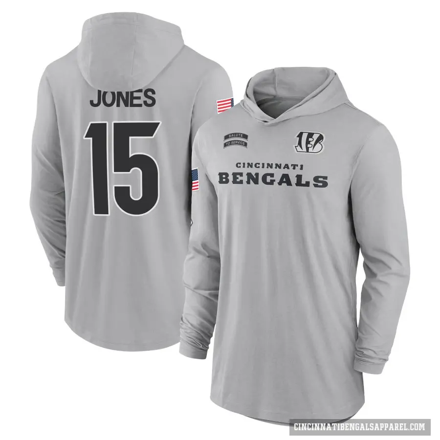 Youth ＃15 Charlie Jones Cincinnati Bengals Gray 2024 Salute to Service Lightweight Performance Long Sleeve Hooded T-Shirt