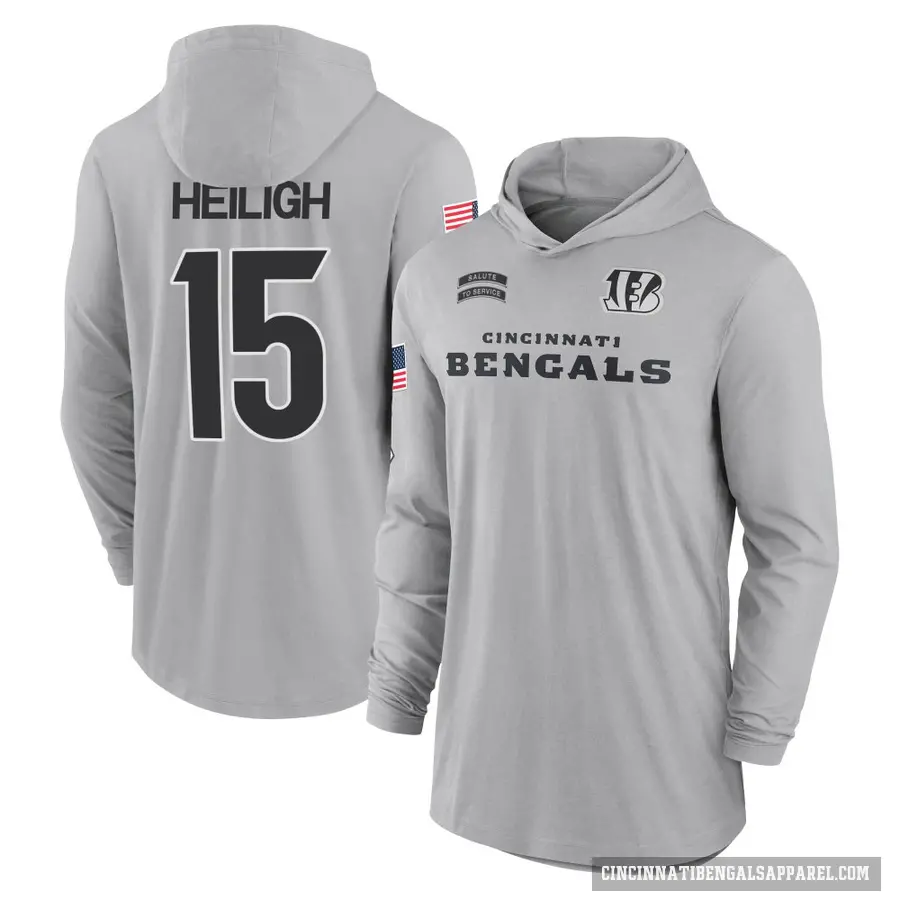 Youth ＃15 Jaivon Heiligh Cincinnati Bengals Gray 2024 Salute to Service Lightweight Performance Long Sleeve Hooded T-Shirt
