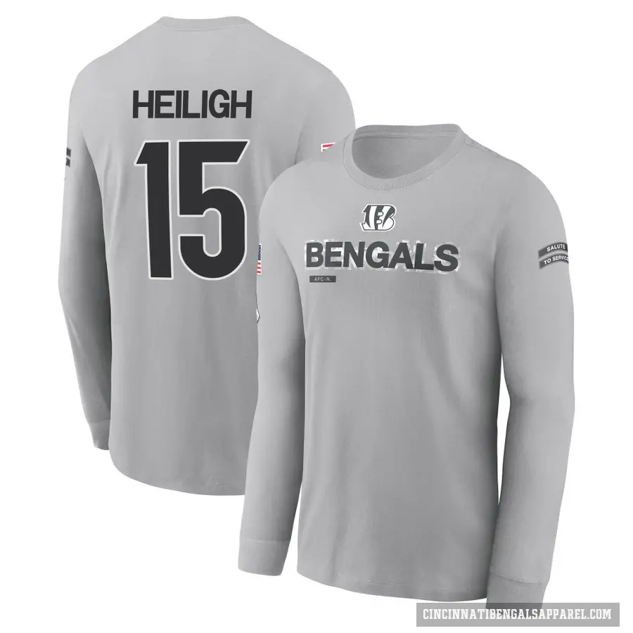 Youth ＃15 Jaivon Heiligh Cincinnati Bengals Gray 2024 Salute to Service Long Sleeve T-Shirt