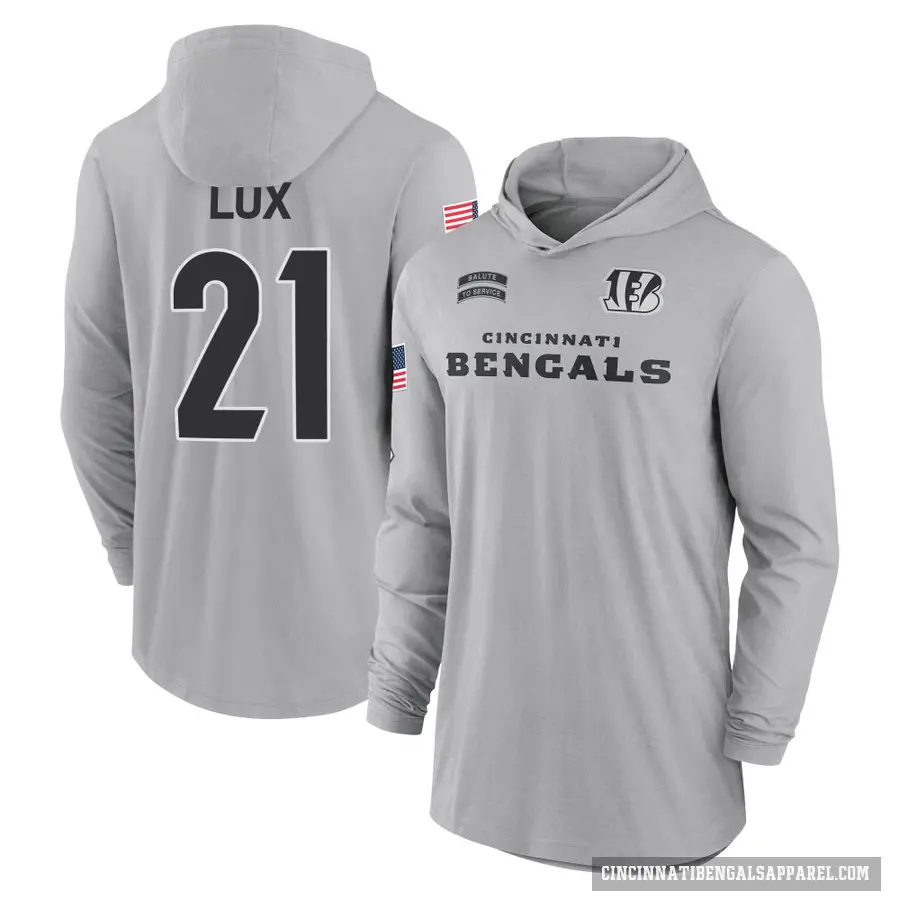 Youth ＃21 Bralyn Lux Cincinnati Bengals Gray 2024 Salute to Service Lightweight Performance Long Sleeve Hooded T-Shirt