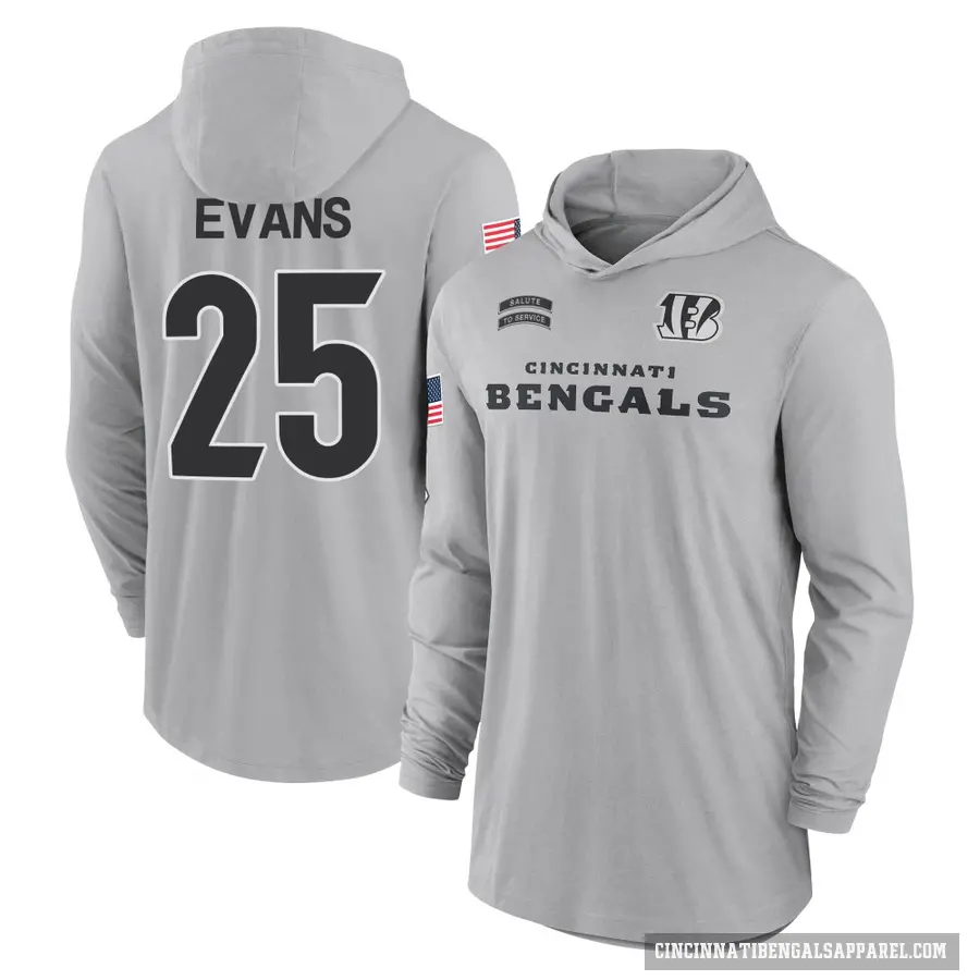 Youth ＃25 Chris Evans Cincinnati Bengals Gray 2024 Salute to Service Lightweight Performance Long Sleeve Hooded T-Shirt