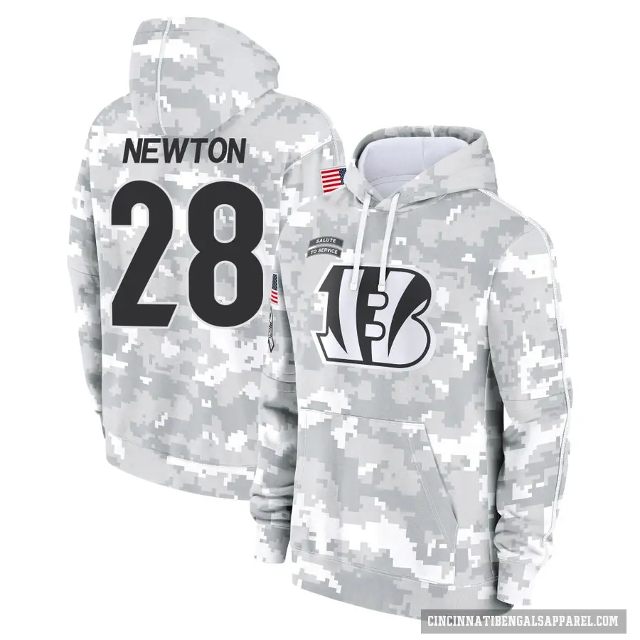 Youth ＃28 Josh Newton Cincinnati Bengals Arctic Camo 2024 Salute to Service Club Fleece Pullover Hoodie
