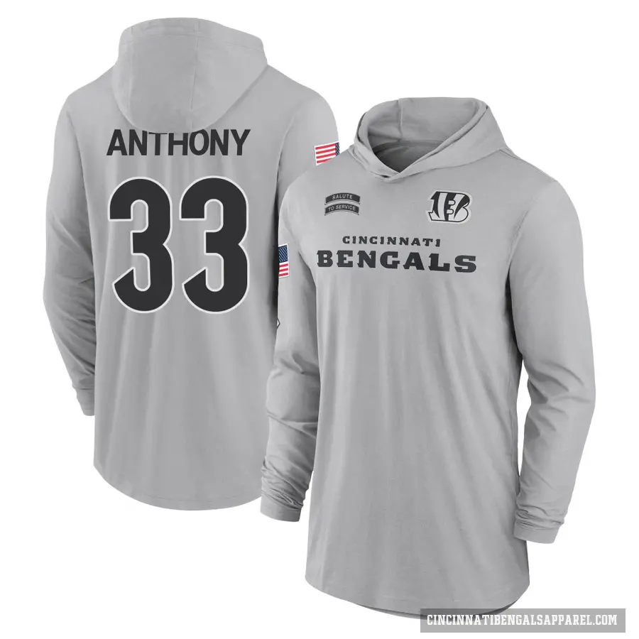 Youth ＃33 Daijahn Anthony Cincinnati Bengals Gray 2024 Salute to Service Lightweight Performance Long Sleeve Hooded T-Shirt