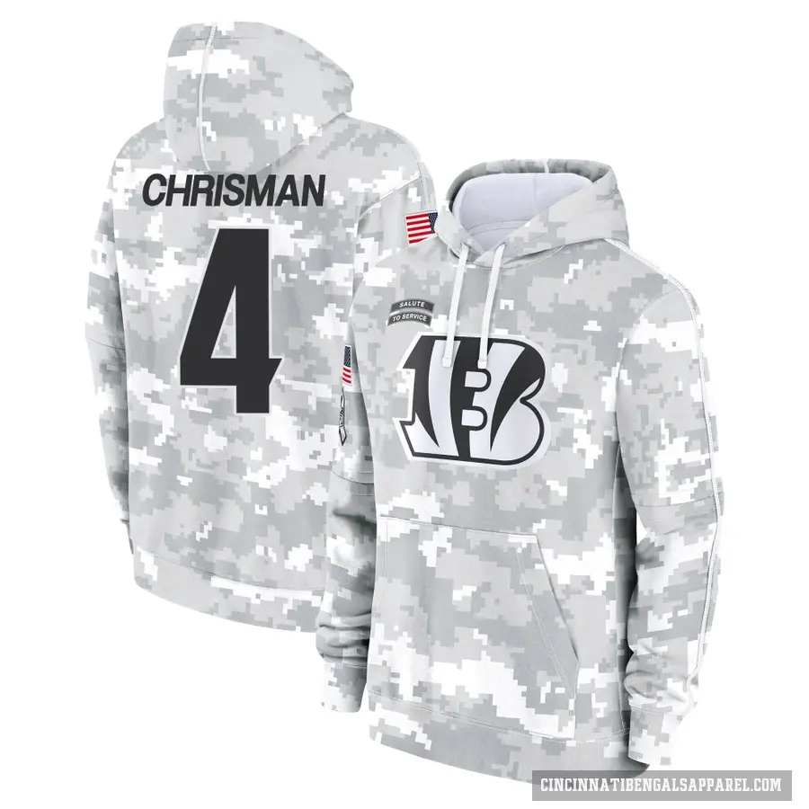 Youth ＃4 Drue Chrisman Cincinnati Bengals Arctic Camo 2024 Salute to Service Club Fleece Pullover Hoodie