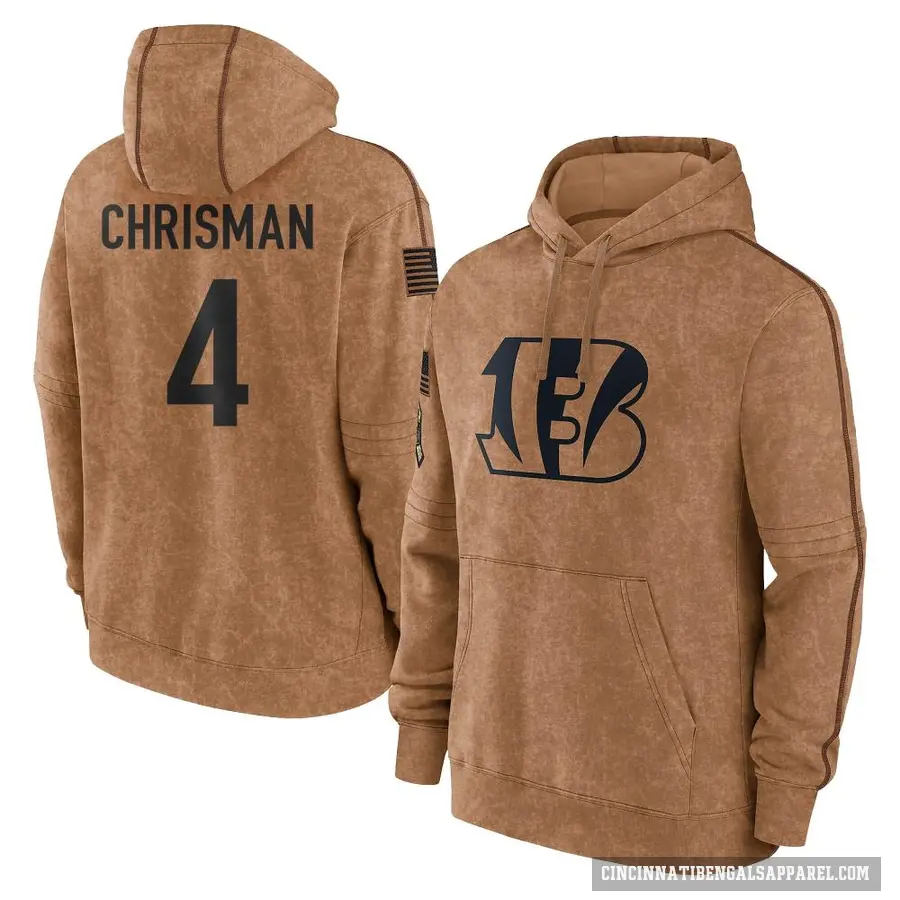 Youth ＃4 Drue Chrisman Cincinnati Bengals Brown 2023 Salute To Service Club Pullover Hoodie