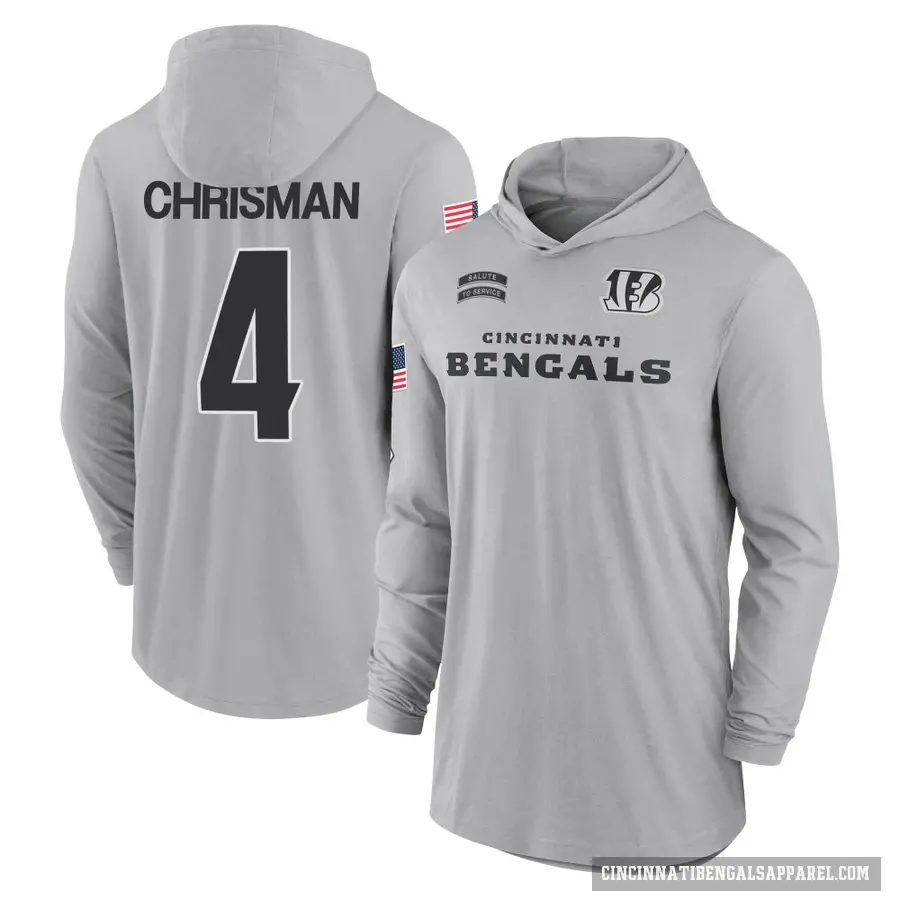Youth ＃4 Drue Chrisman Cincinnati Bengals Gray 2024 Salute to Service Lightweight Performance Long Sleeve Hooded T-Shirt
