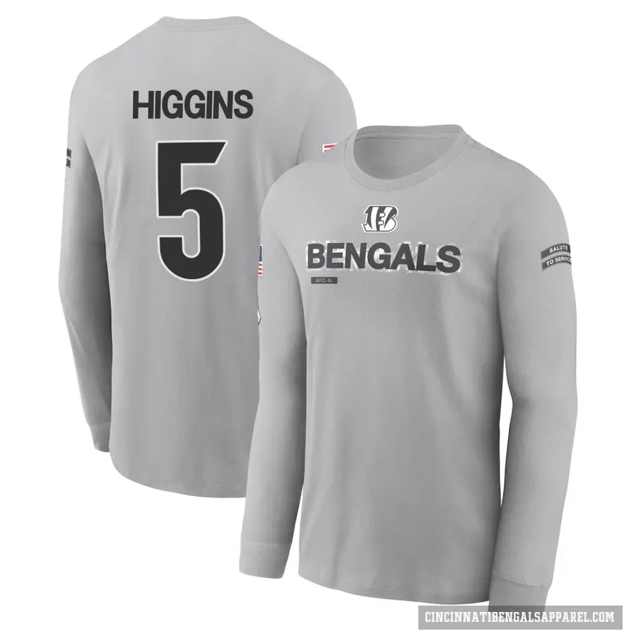 Youth ＃5 Tee Higgins Cincinnati Bengals Gray 2024 Salute to Service Long Sleeve T-Shirt
