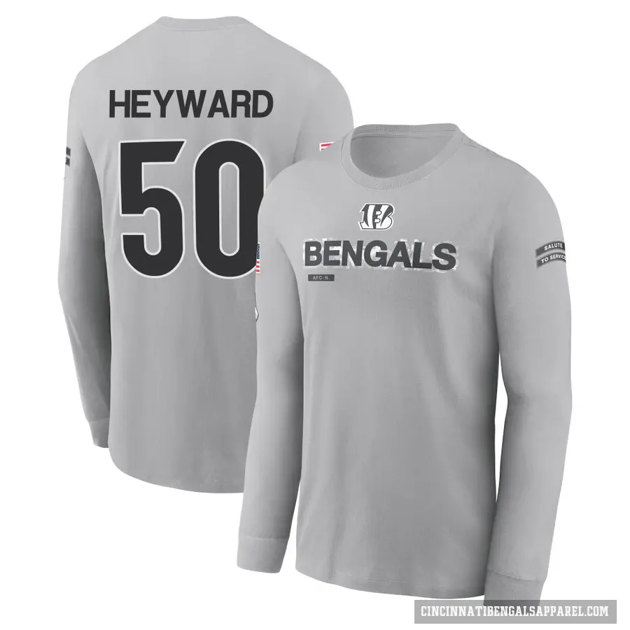 Youth ＃50 Shaka Heyward Cincinnati Bengals Gray 2024 Salute to Service Long Sleeve T-Shirt