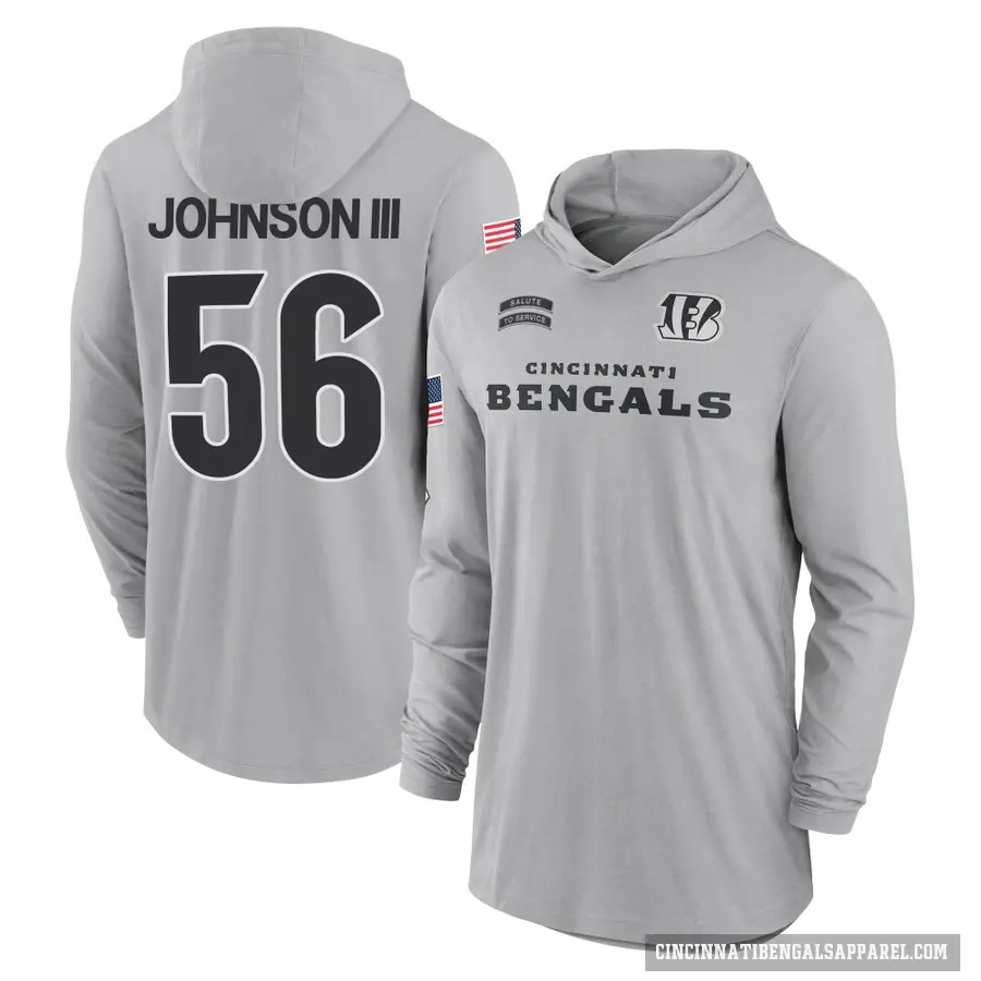 Youth ＃56 Raymond Johnson III Cincinnati Bengals Gray 2024 Salute to Service Lightweight Performance Long Sleeve Hooded T-Shirt