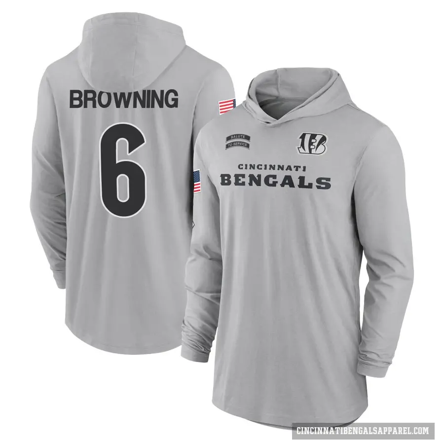 Youth ＃6 Jake Browning Cincinnati Bengals Brown Gray 2024 Salute to Service Lightweight Performance Long Sleeve Hooded T-Shirt